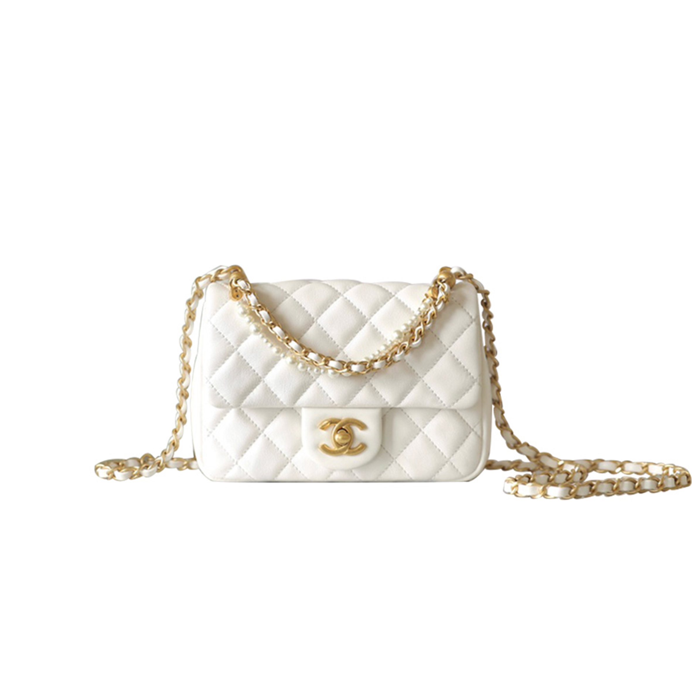 CHANEL 24P MINI PEARL CHAIN FLAP BAG WHITE AS4385 (17*12.5*5cm)